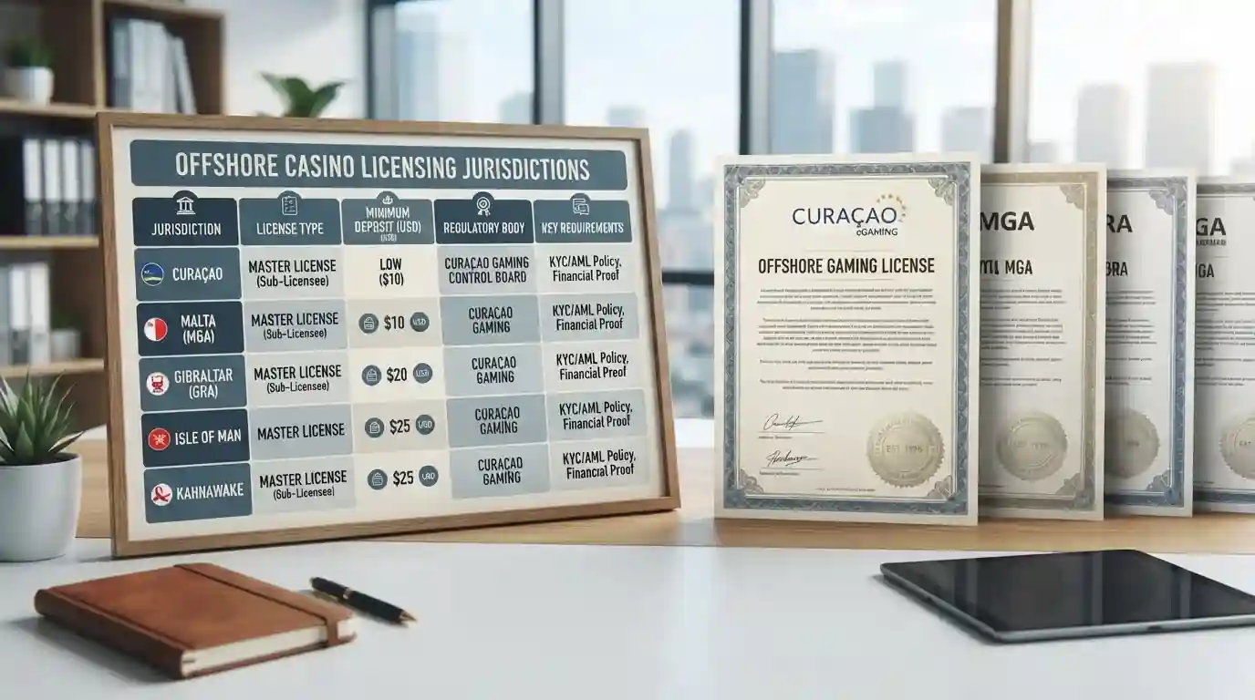Comparison chart showing offshore casino licenses and minimum deposit thresholds