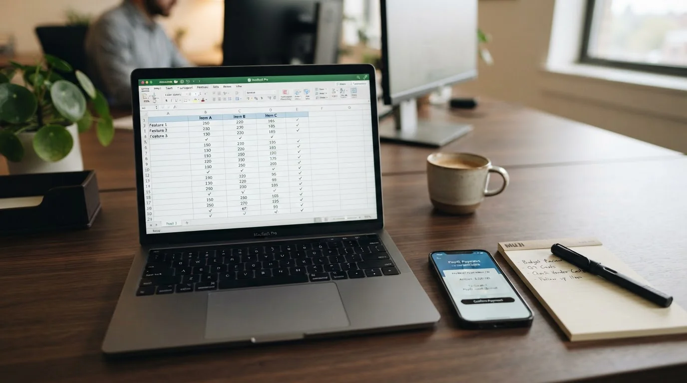 Laptop showing casino comparison spreadsheet with PayID banking interface on smartphone