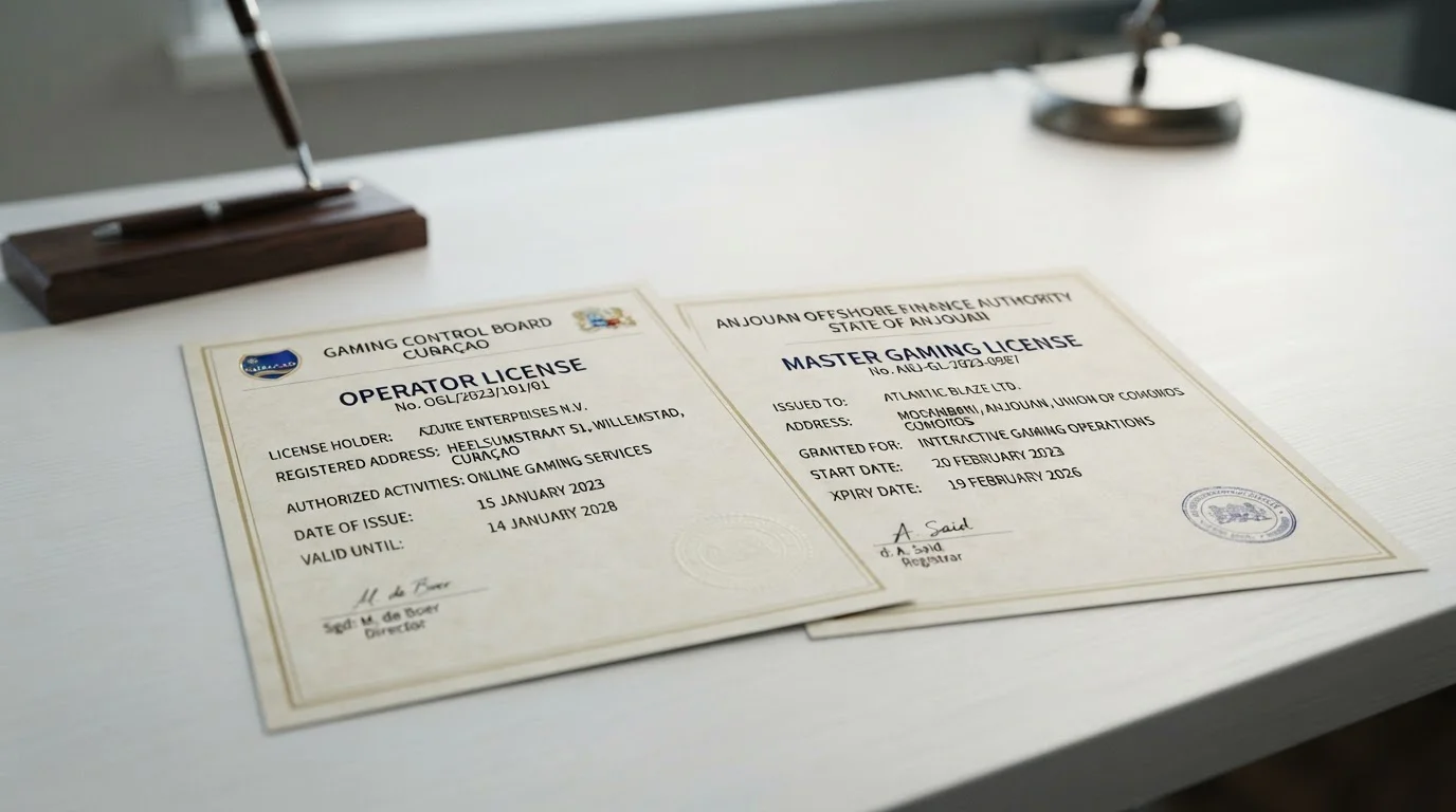 Offshore casino license documents from Curacao and Anjouan on table
