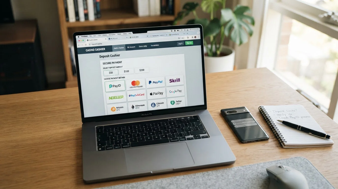 Desktop showing multiple casino cashiers with PayID and mobile wallet options
