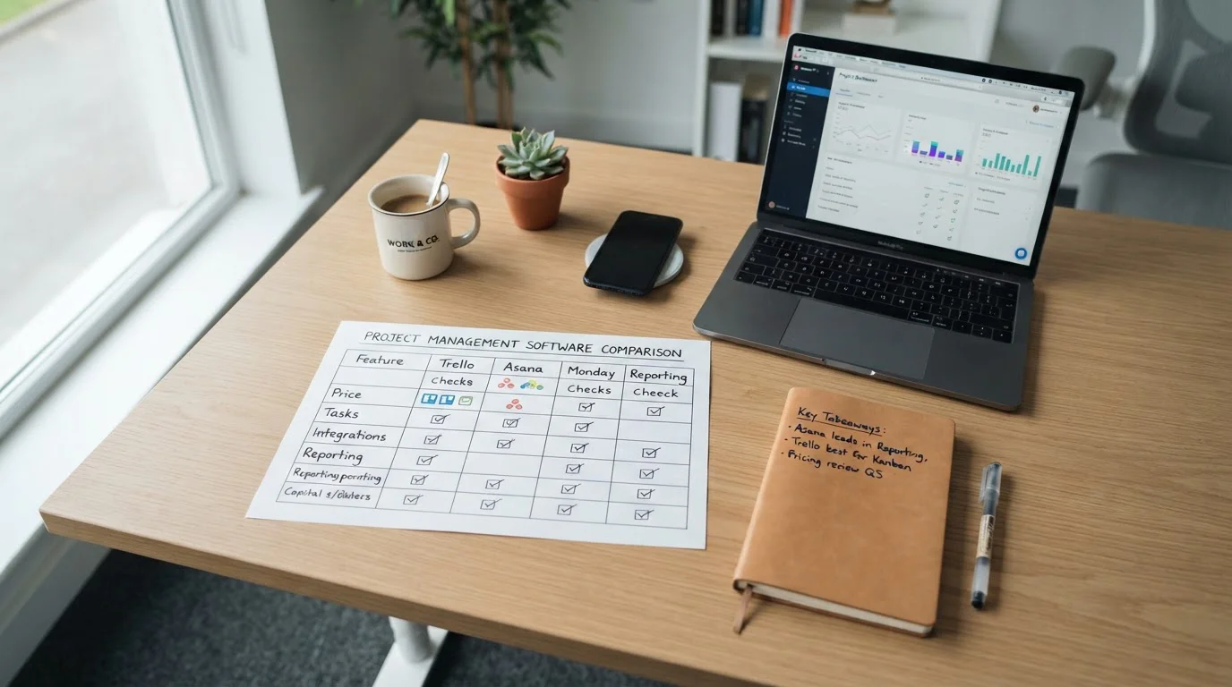 Comparison chart of offshore casino operators on desk with laptop and notes