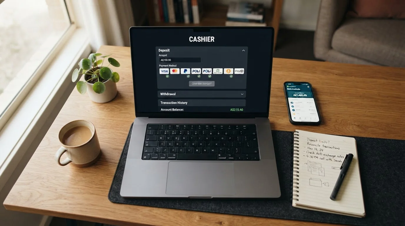 Laptop showing casino cashier interface with payment method icons and smartphone with banking app