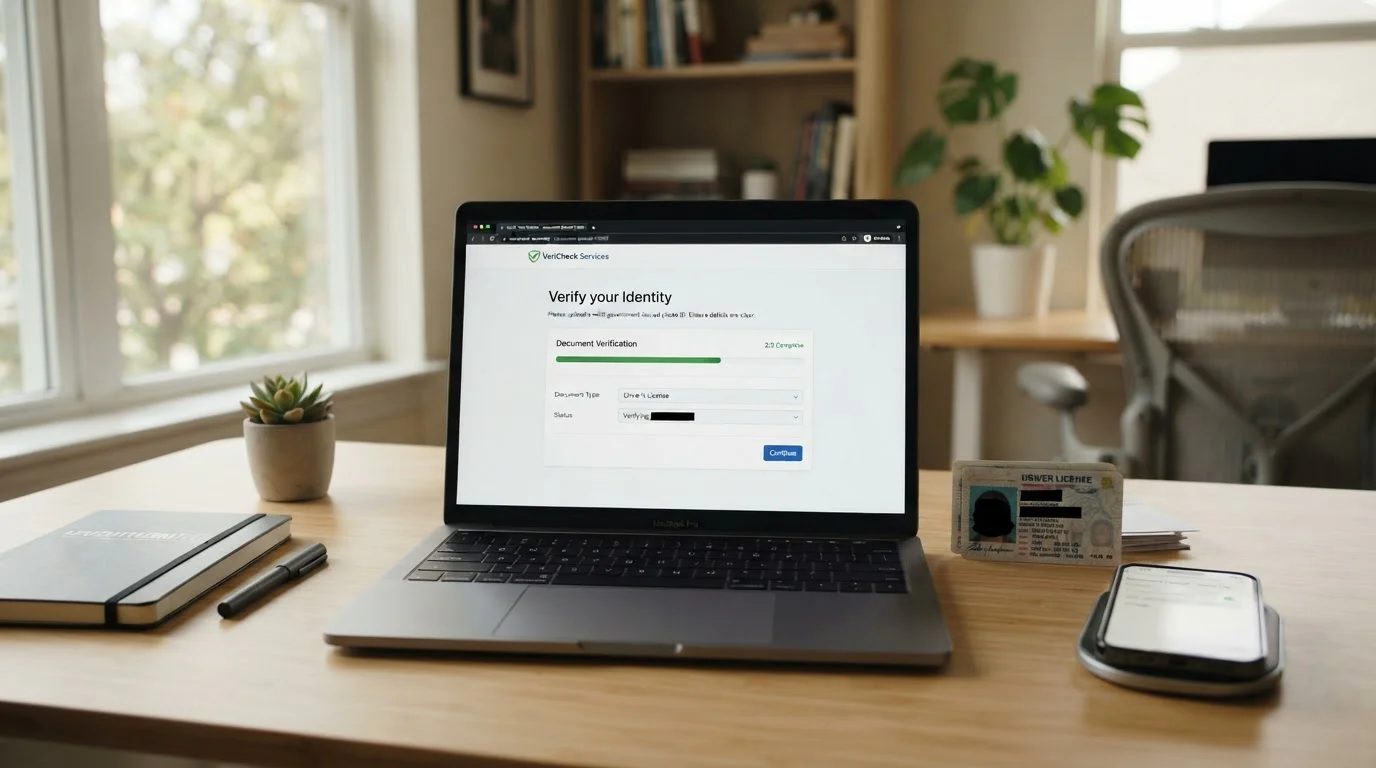 Clean desk with laptop displaying generic license verification screen and identity documents nearby