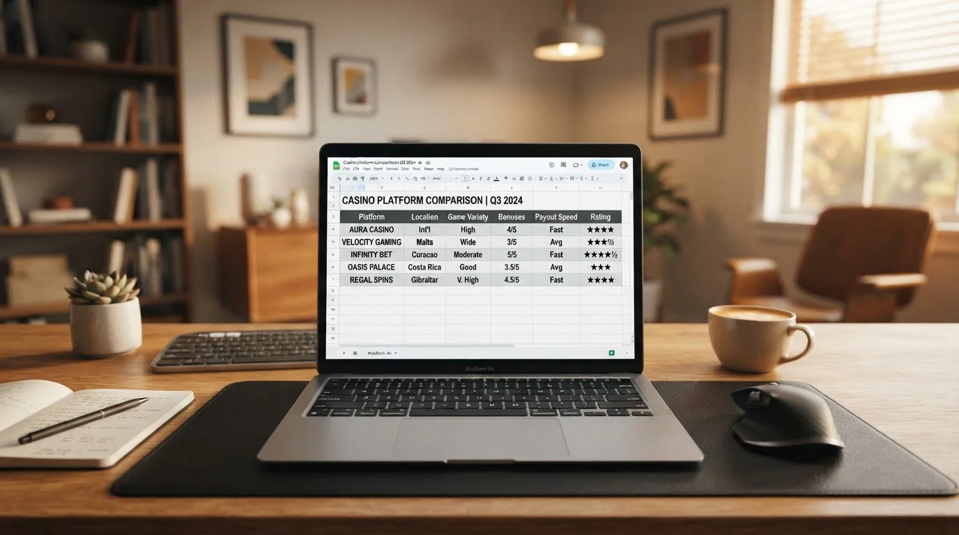 Comparison table on laptop screen showing offshore casino deposit minimums