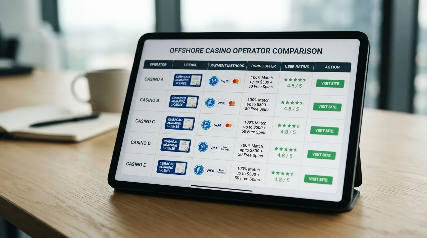 Five offshore casino operators displayed on tablet showing Curaçao licenses and PayID payment options