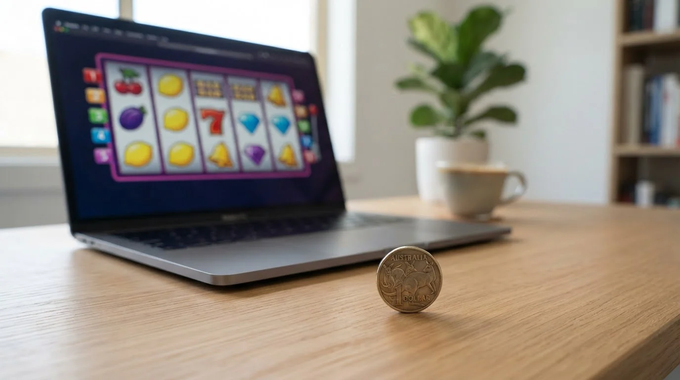 Australian one-dollar coin next to laptop displaying online pokies