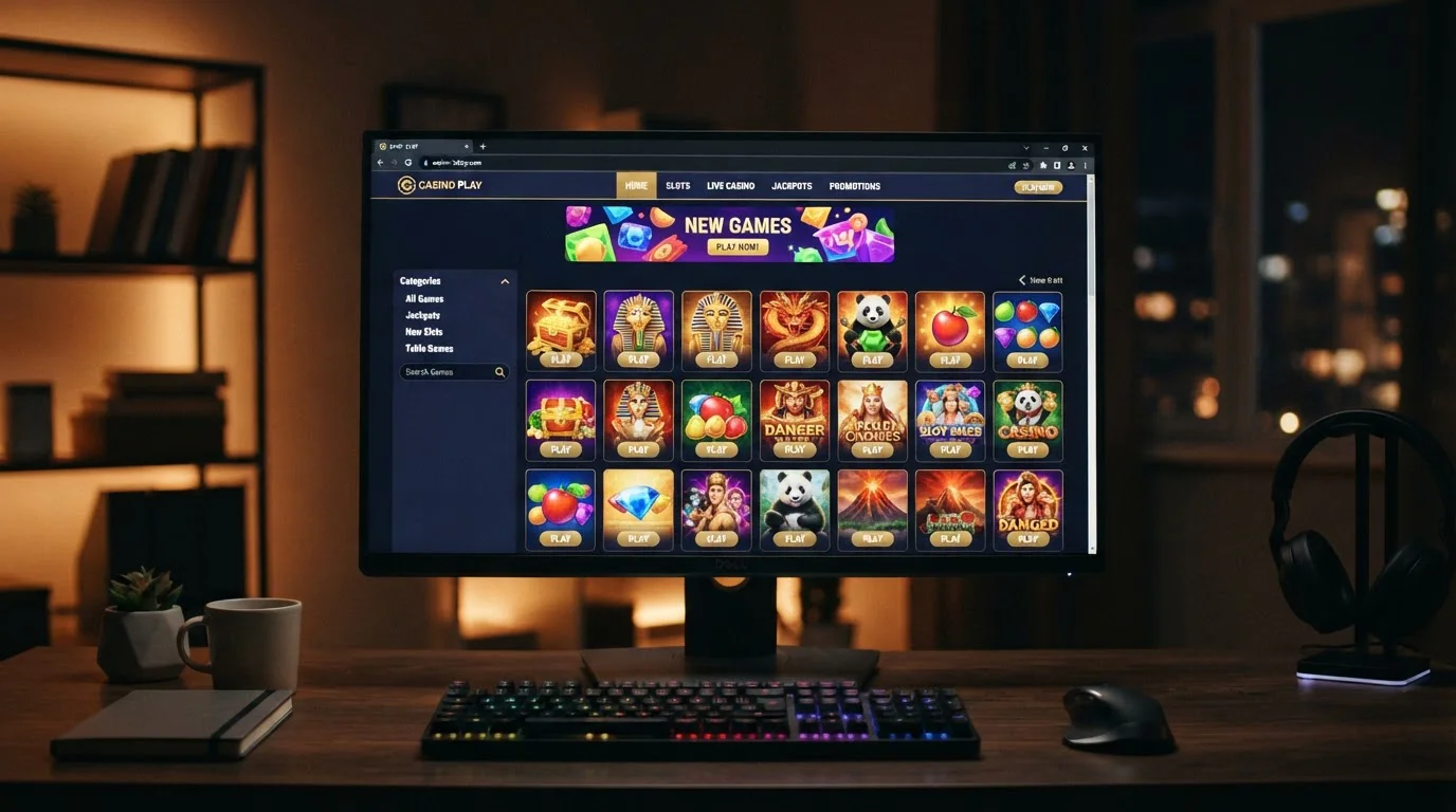 Casino game lobby interface showing grid of colorful slot thumbnails