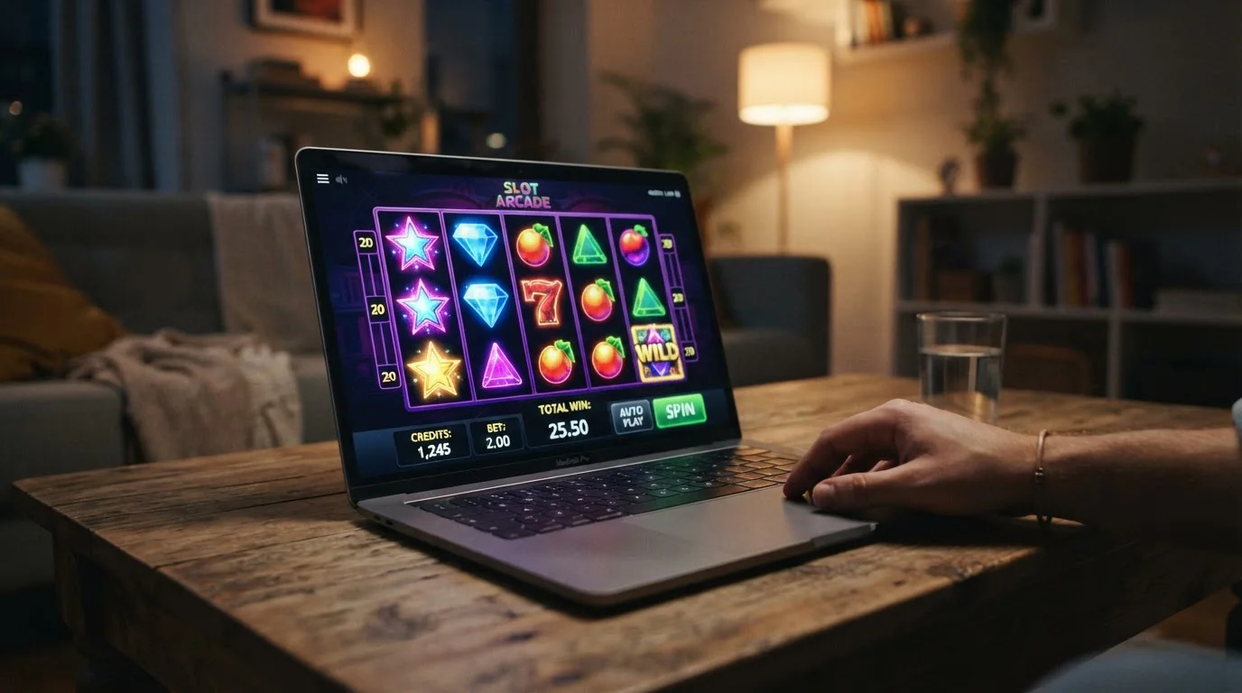 Laptop screen showing online pokies game selection with colorful slot reels