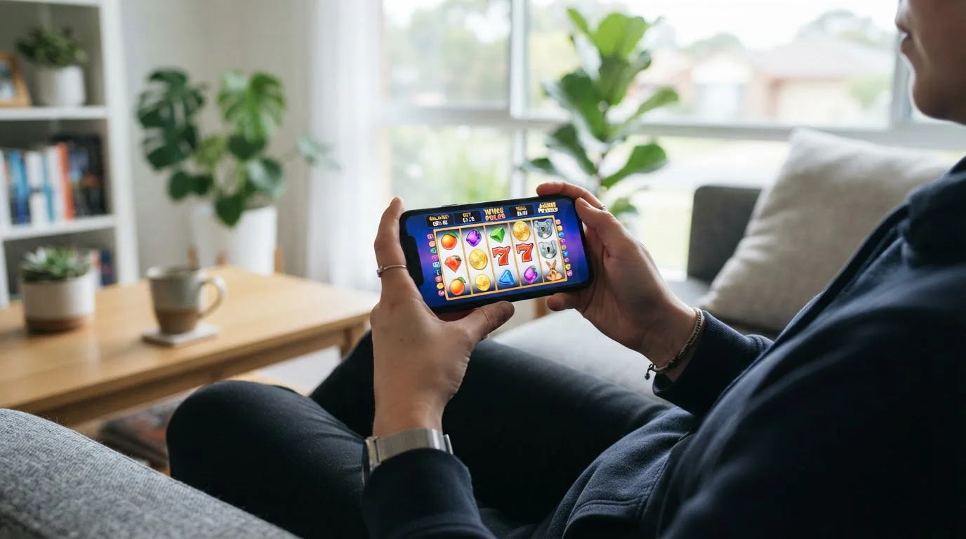 Australian player testing low-deposit pokies on mobile device with A$10 balance displayed