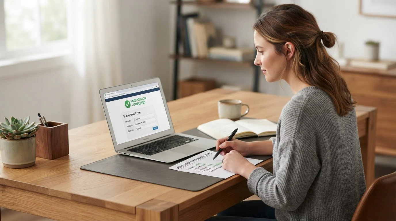 Person at laptop following step-by-step casino withdrawal checklist with verified account badge visible