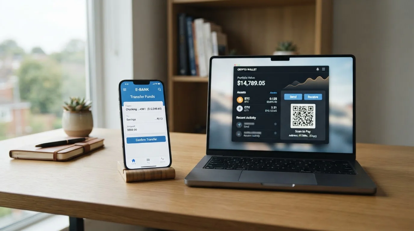 Smartphone showing PayID transfer screen alongside crypto wallet interface