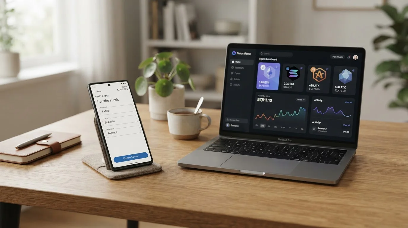Smartphone showing PayID transfer and laptop with cryptocurrency wallet