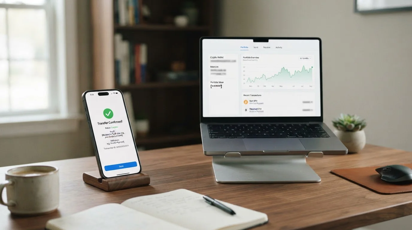 Smartphone showing PayID transfer confirmation next to laptop with crypto wallet