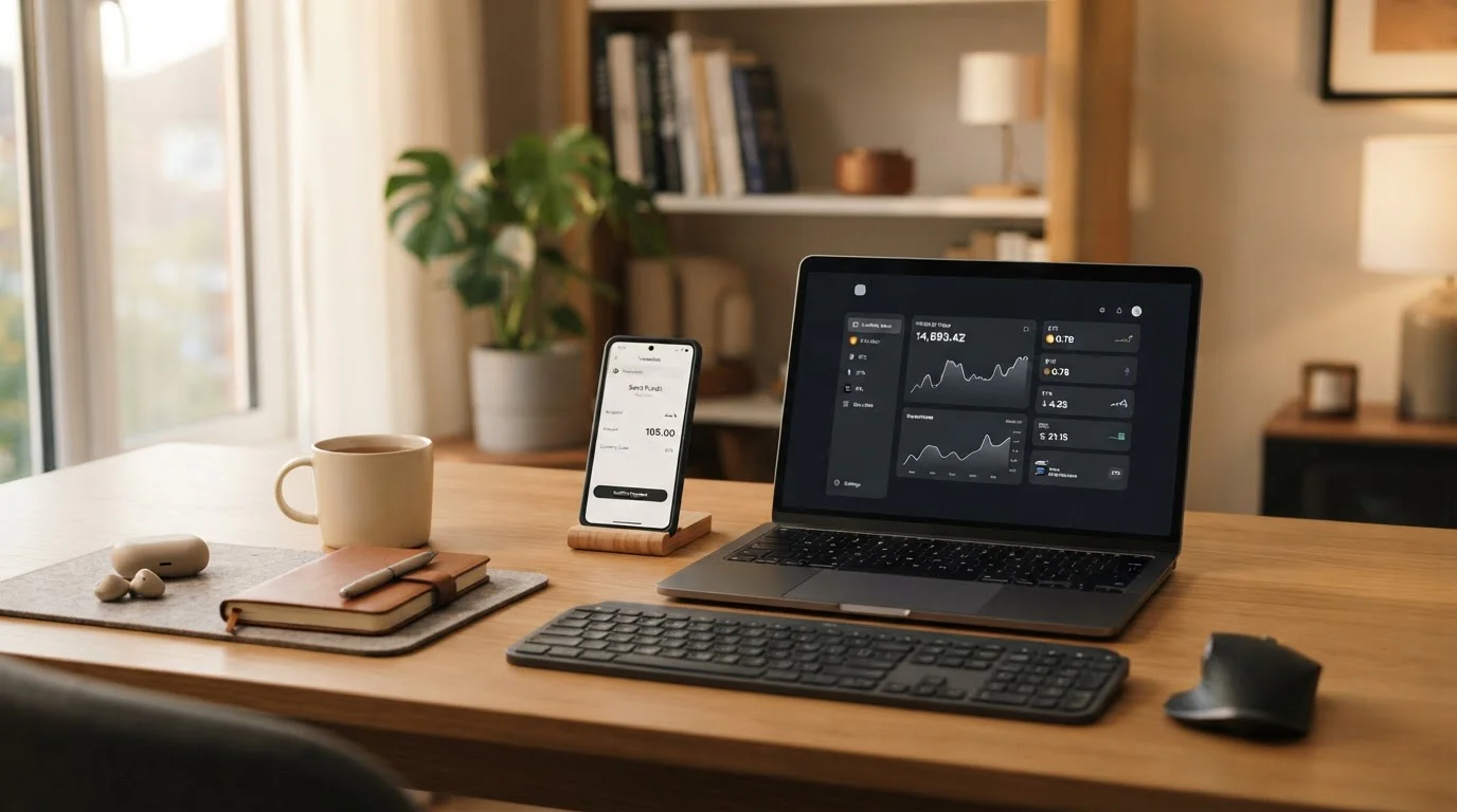 Smartphone and laptop displaying payment interfaces and crypto wallet dashboard