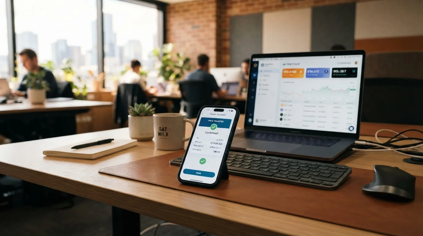 Smartphone showing PayID transfer confirmation and crypto wallet interface side by side