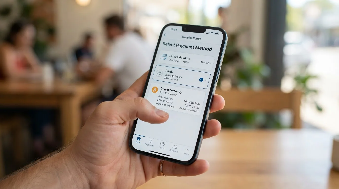 Mobile phone showing PayID and cryptocurrency payment options