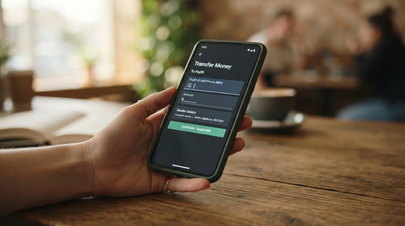 Smartphone displaying banking app with PayID transfer screen to casino operator