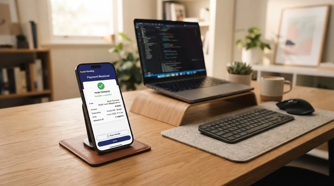 Smartphone displaying Australian banking app with PayID transaction confirmation screen