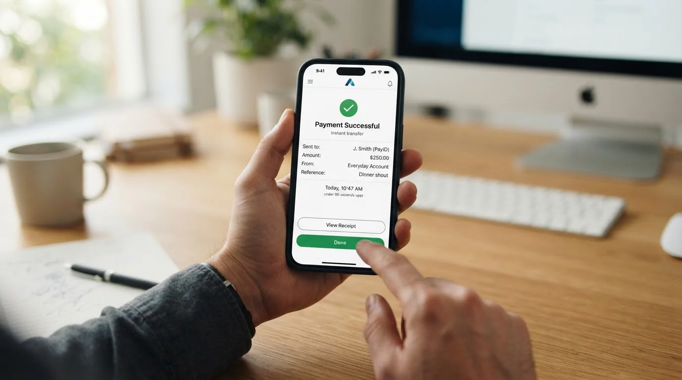 Smartphone showing PayID instant transfer notification with Australian bank interface