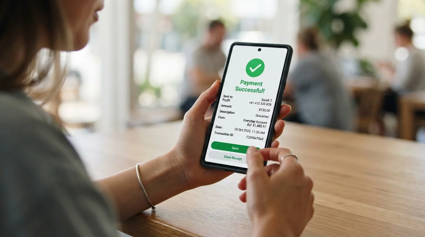 Phone screen showing PayID transfer confirmation in banking app