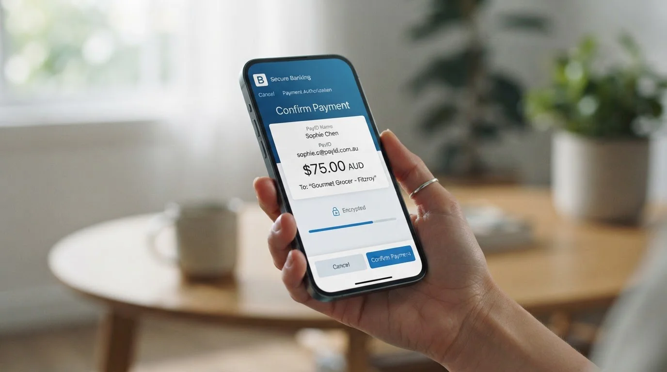 PayID instant payment interface on smartphone with bank authorization screen