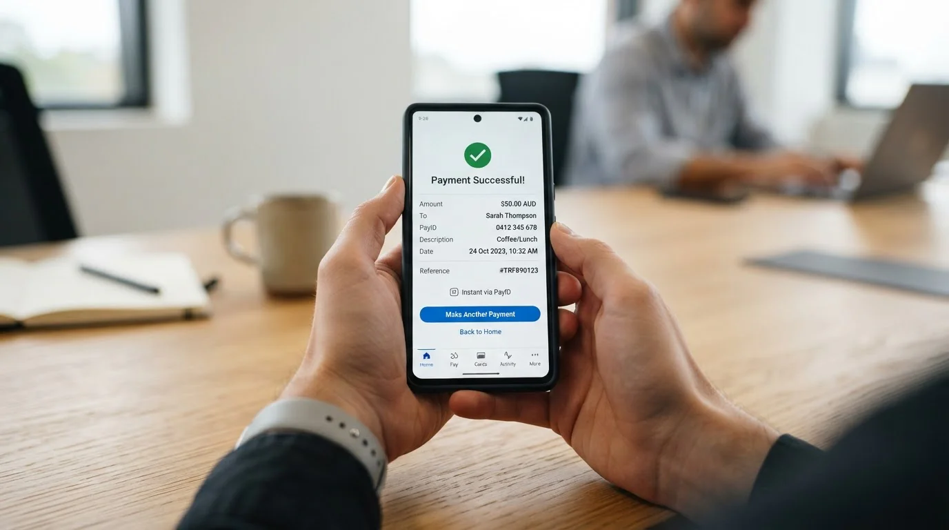 PayID mobile banking interface showing instant transfer confirmation
