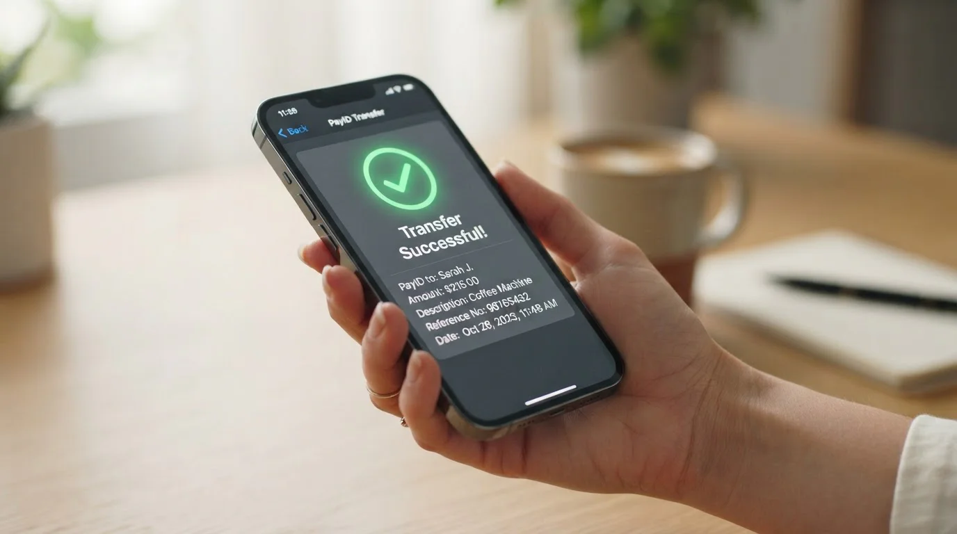 Smartphone displaying PayID banking app interface with instant transfer confirmation