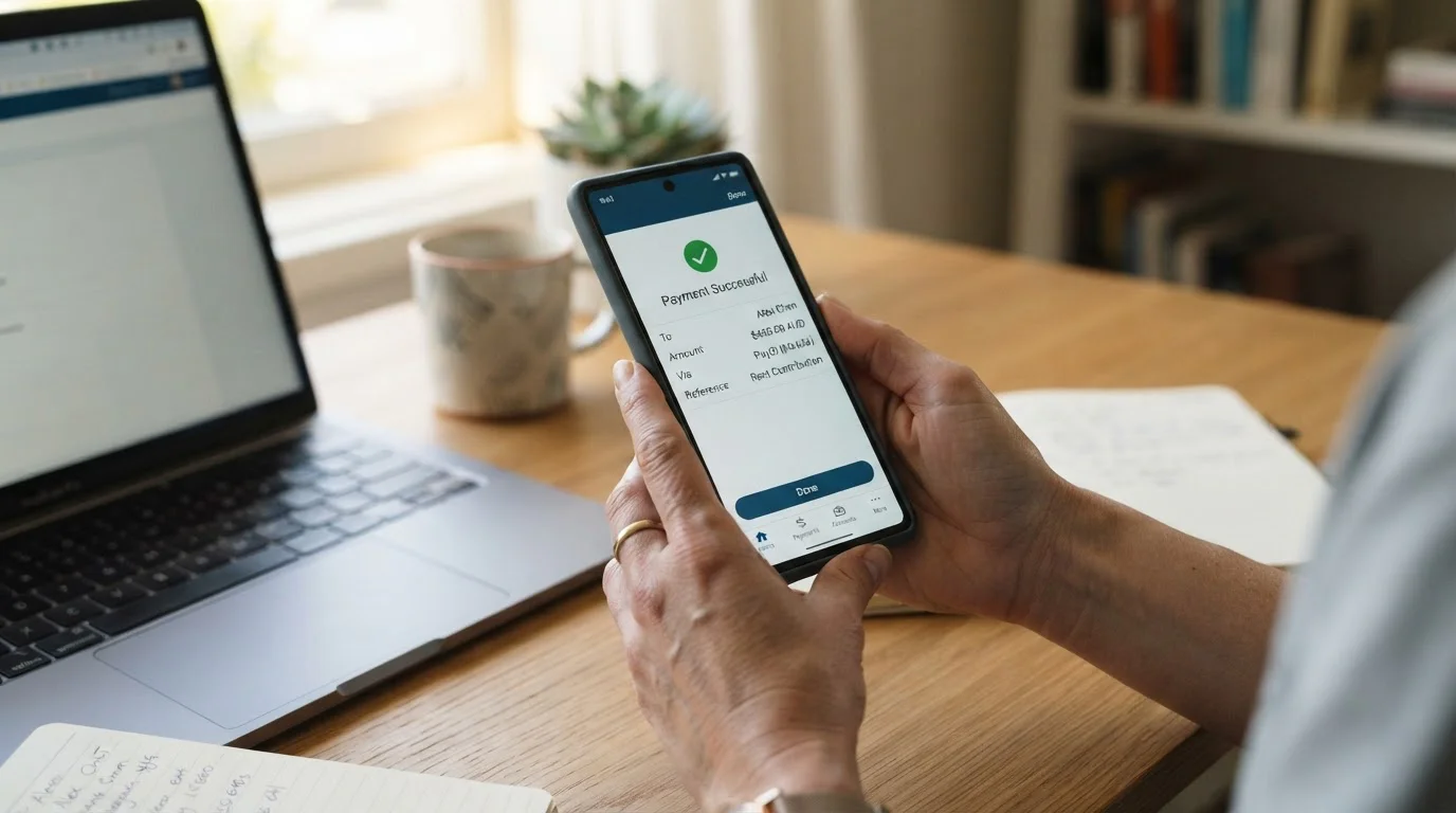 Smartphone displaying PayID instant payment transfer screen with laptop in background