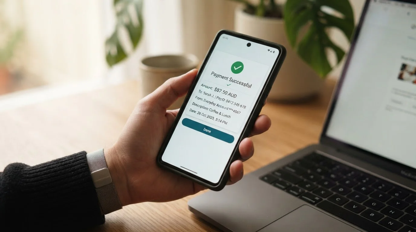 Smartphone screen showing Australian banking app with PayID transfer confirmation