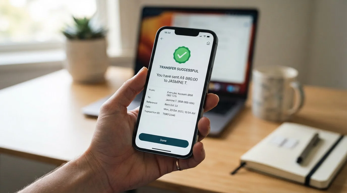 Smartphone with PayID transfer screen showing instant deposit confirmation