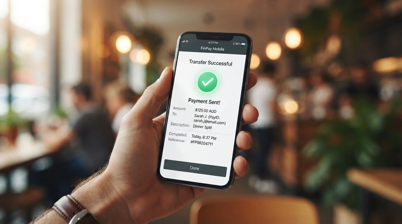 Smartphone showing PayID transfer interface with instant bank confirmation notification