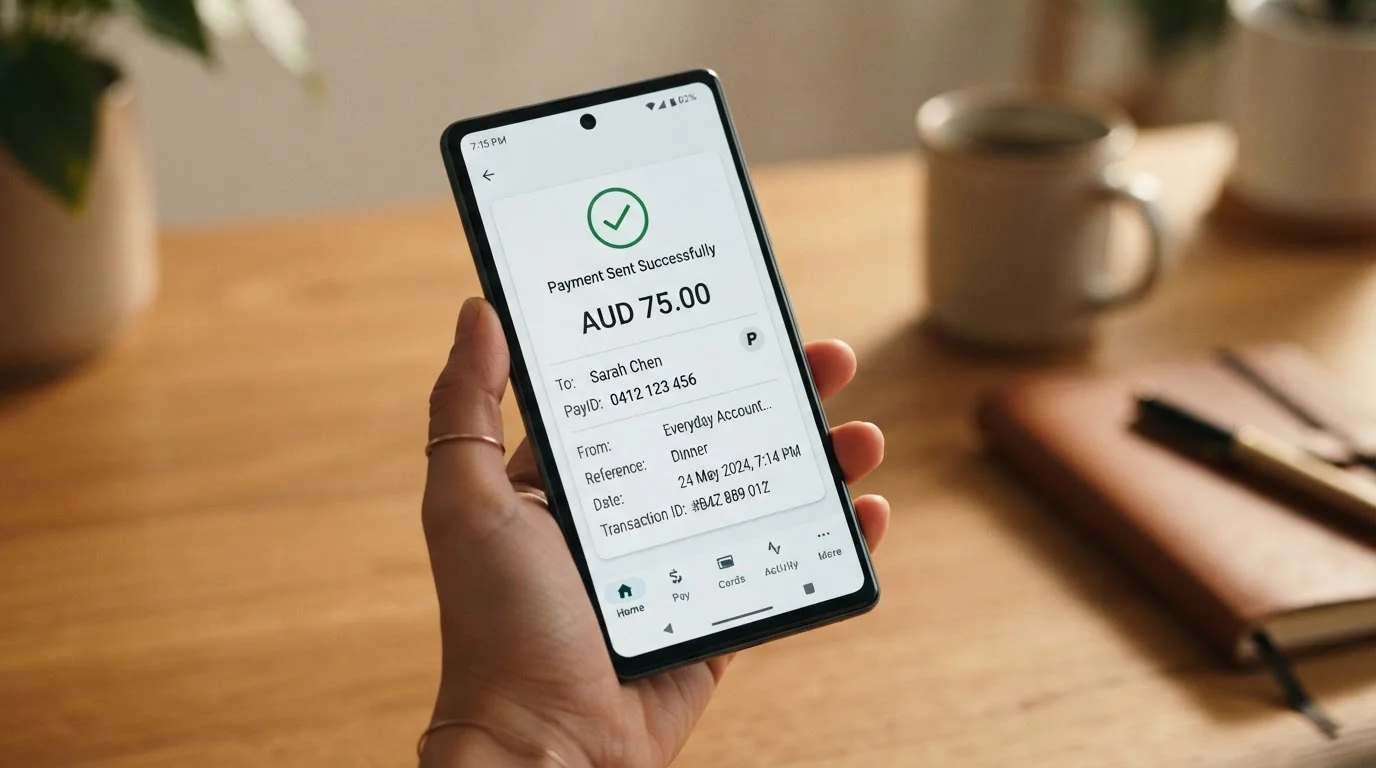 Banking app interface showing PayID transfer screen with phone number identifier