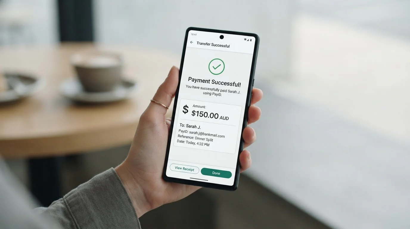 Mobile phone displaying PayID transfer screen with Australian banking app interface