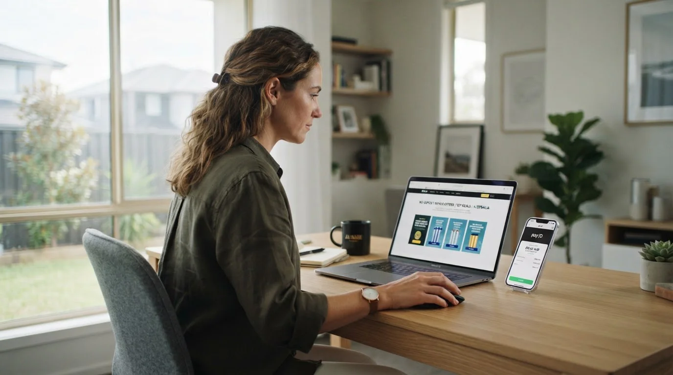 Australian player reviewing offshore casino no-deposit bonus offers on laptop with PayID banking interface