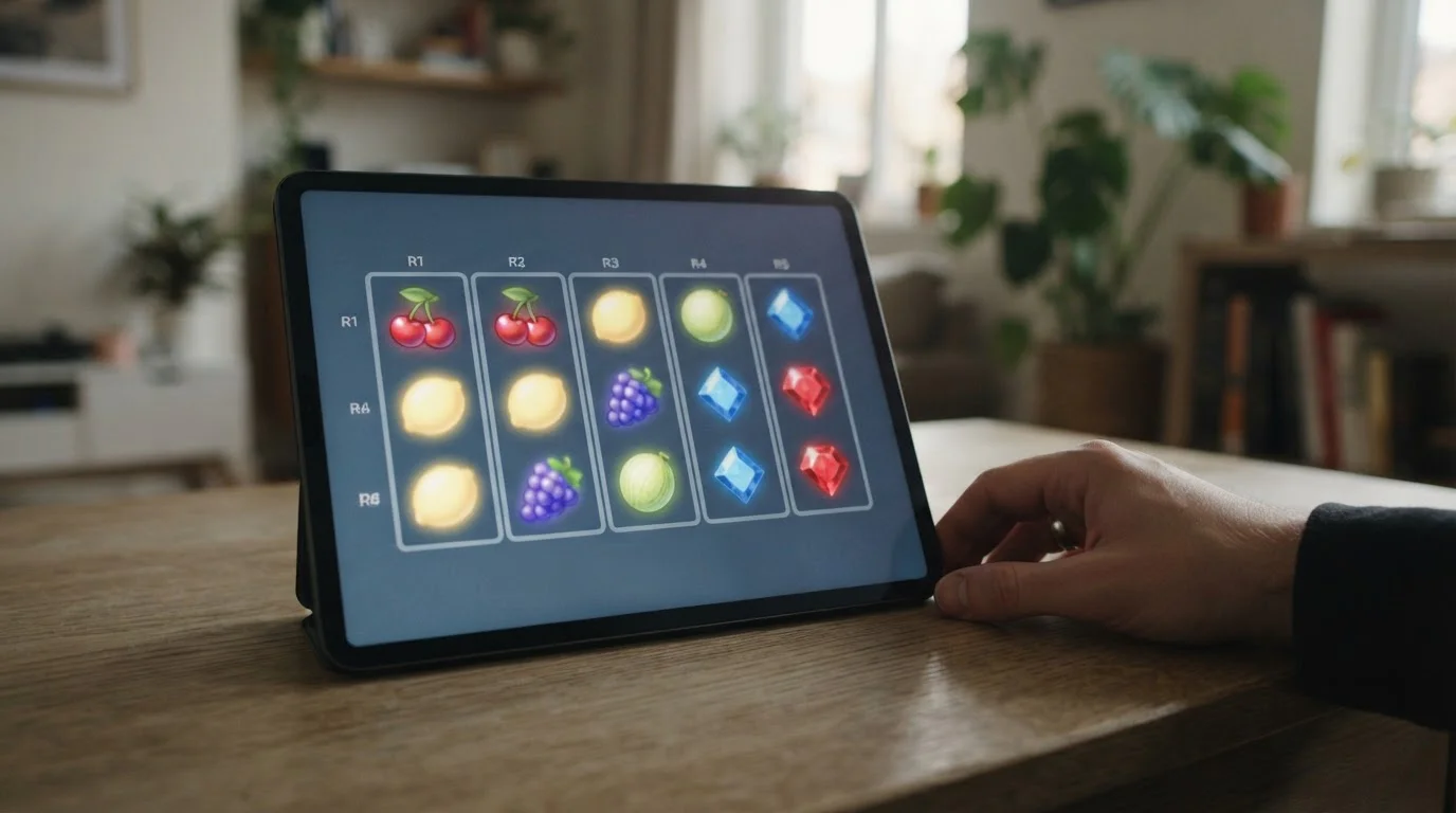 Generic online pokies reels with abstract symbols on a screen without branding