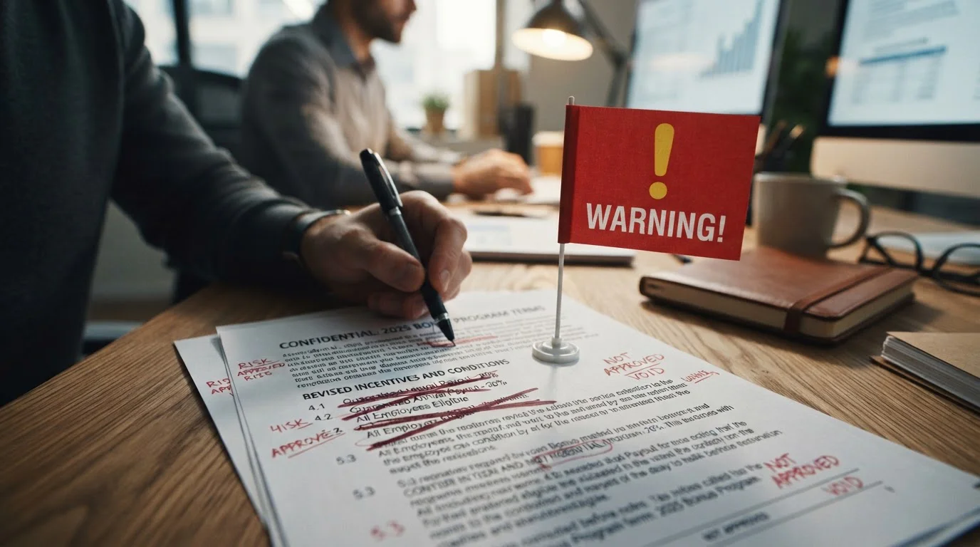 Red warning flag on document with crossed-out bonus terms