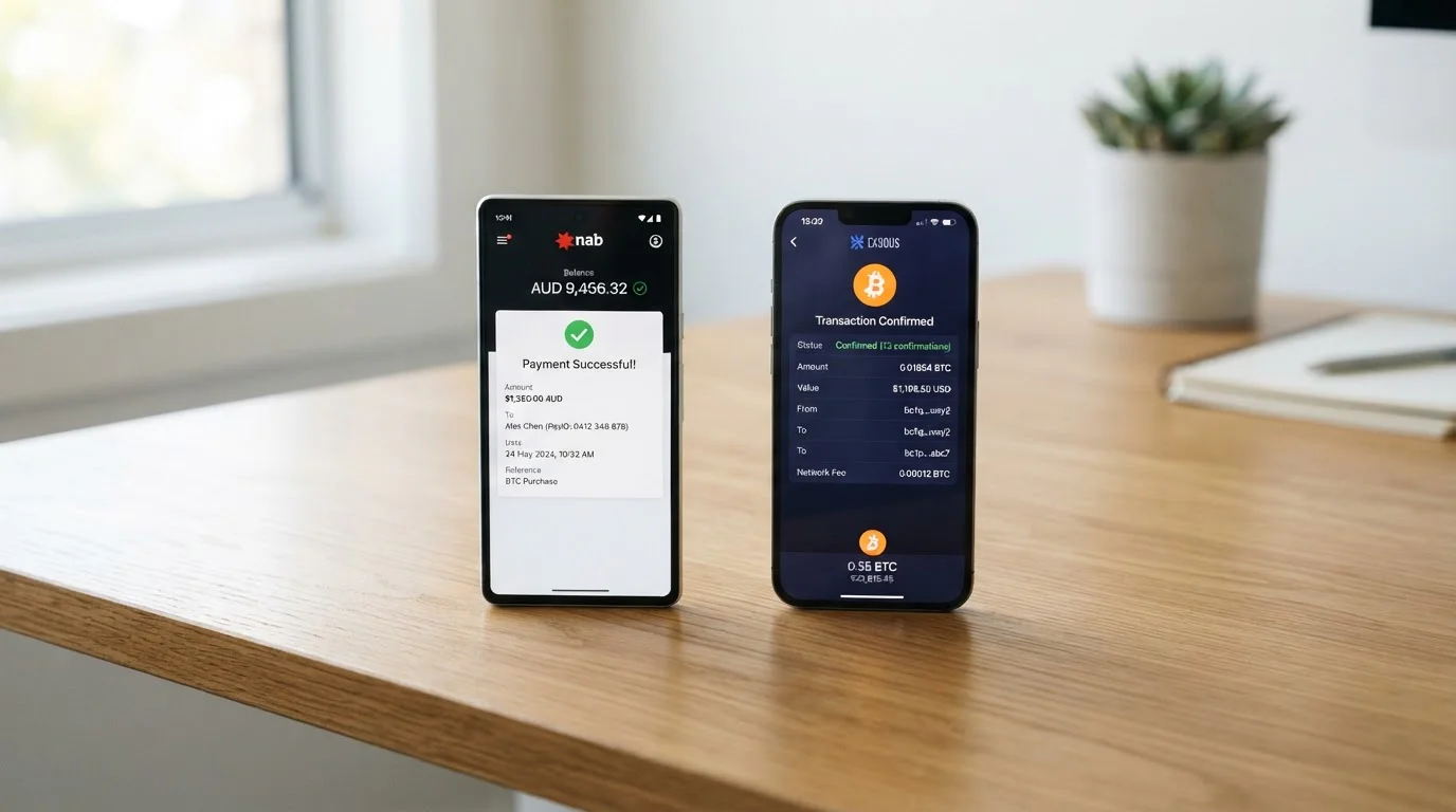 Laptop showing payment method comparison with timing breakdowns for PayID crypto and cards