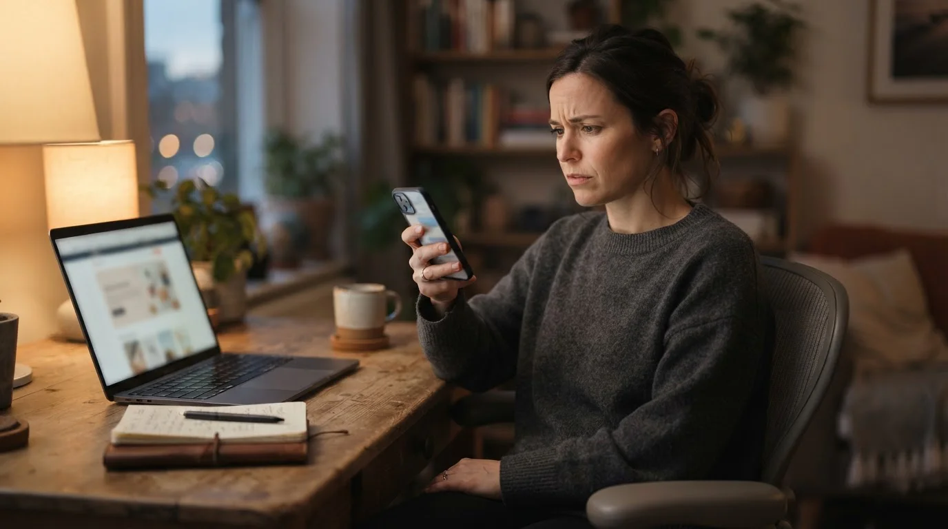 Person checking a smartphone with a concerned expression while a laptop shows a pending status