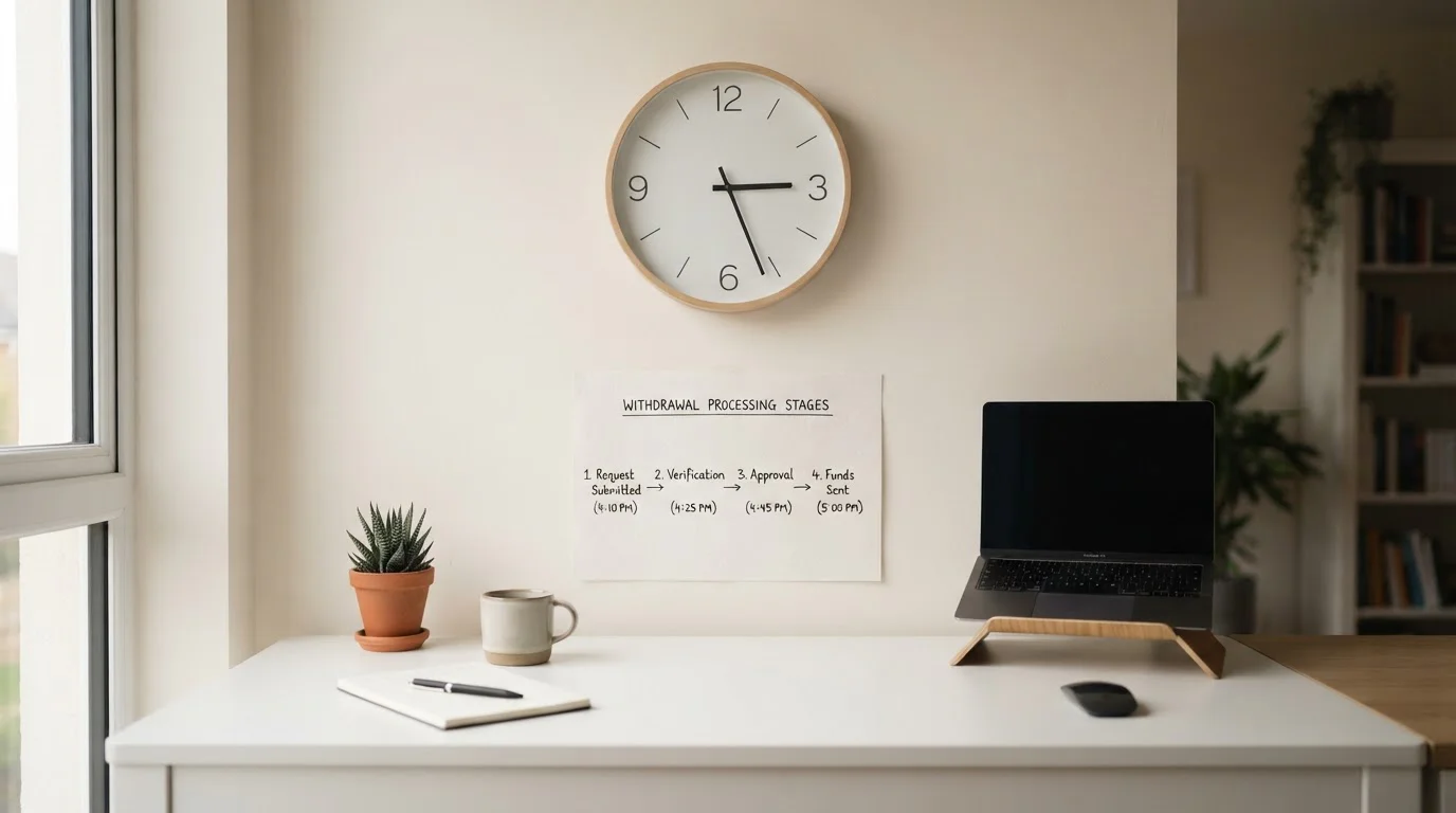 Clock and calendar showing withdrawal processing timeline from request to bank account