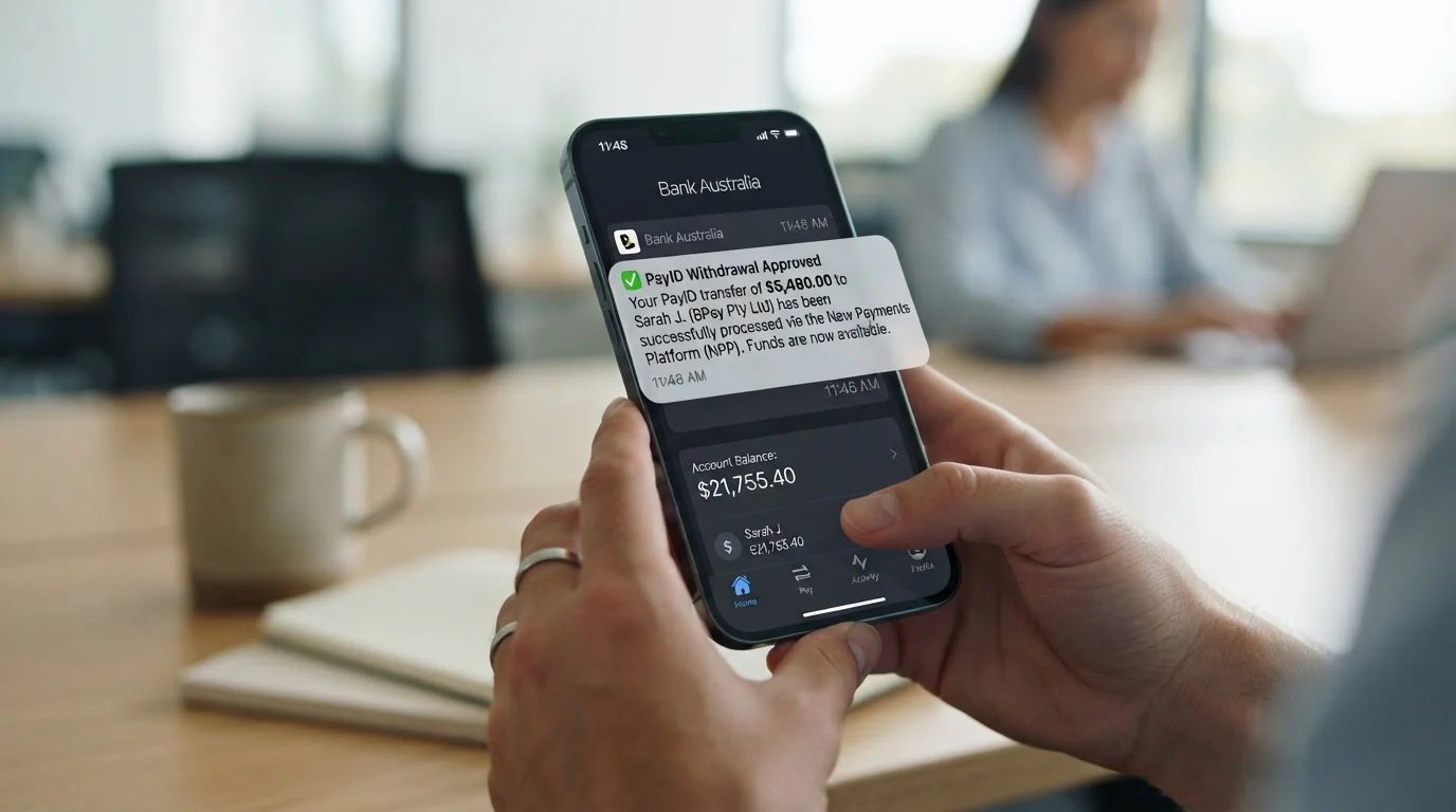 Phone notification showing PayID withdrawal approved and NPP transfer clearing in banking app