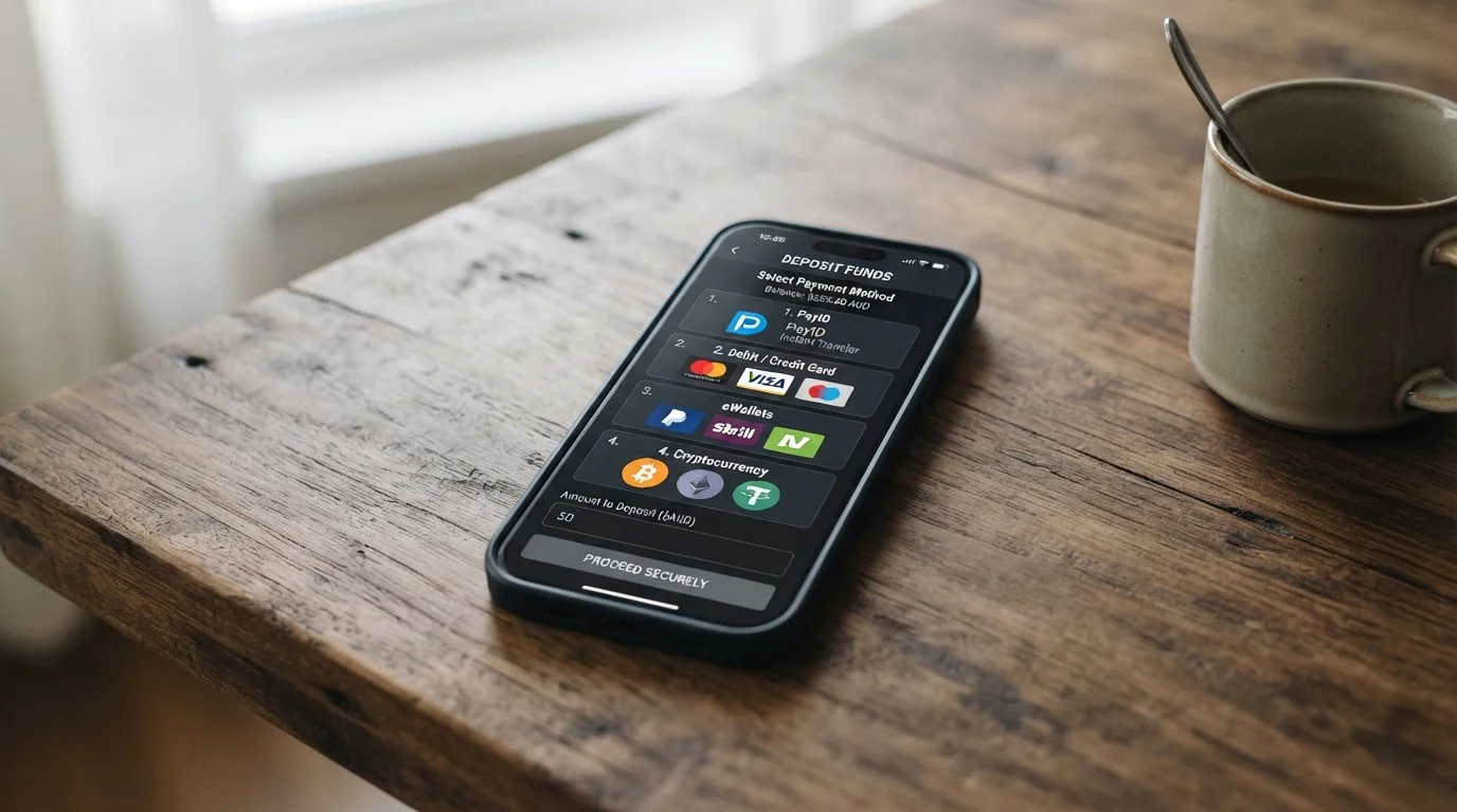 Smartphone showing payment method selection screen with PayID crypto and eWallet options
