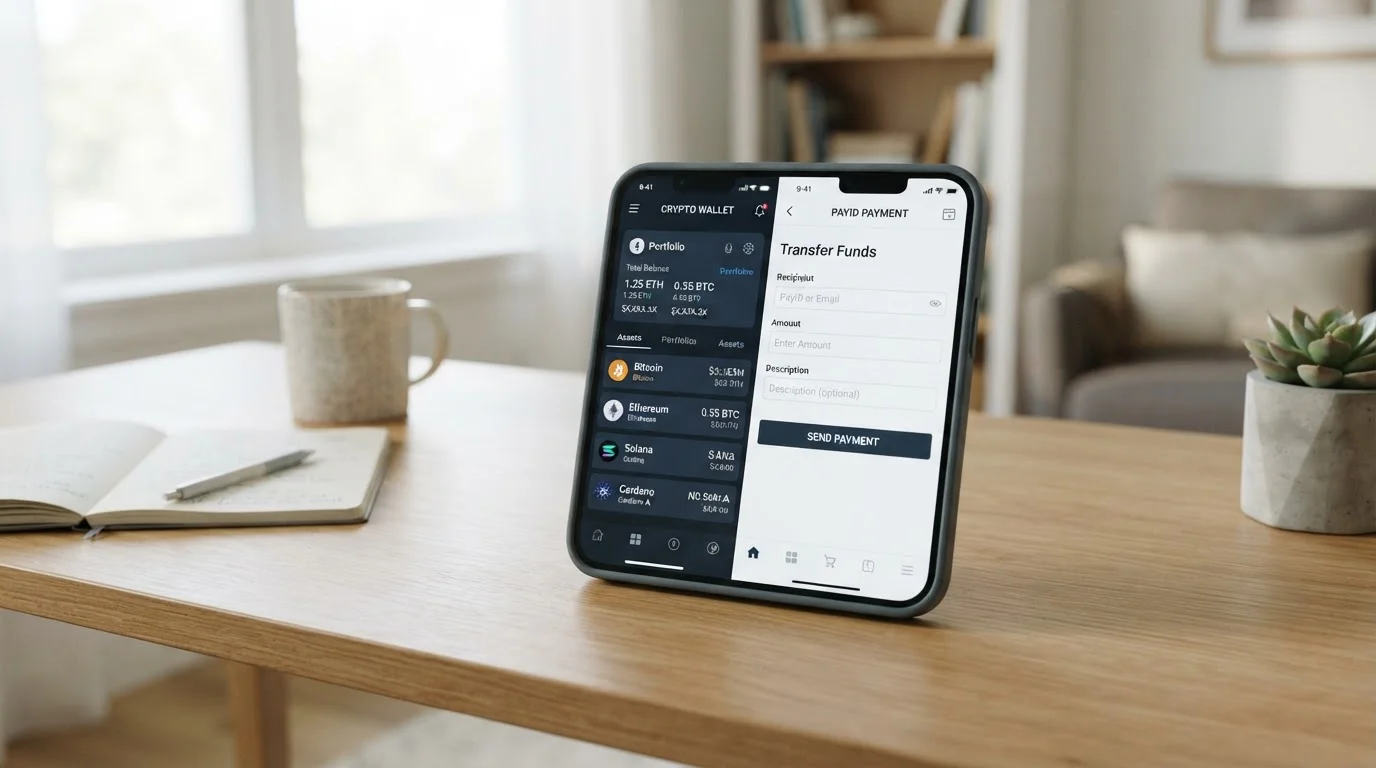 Smartphone showing cryptocurrency wallet and PayID payment options side by side