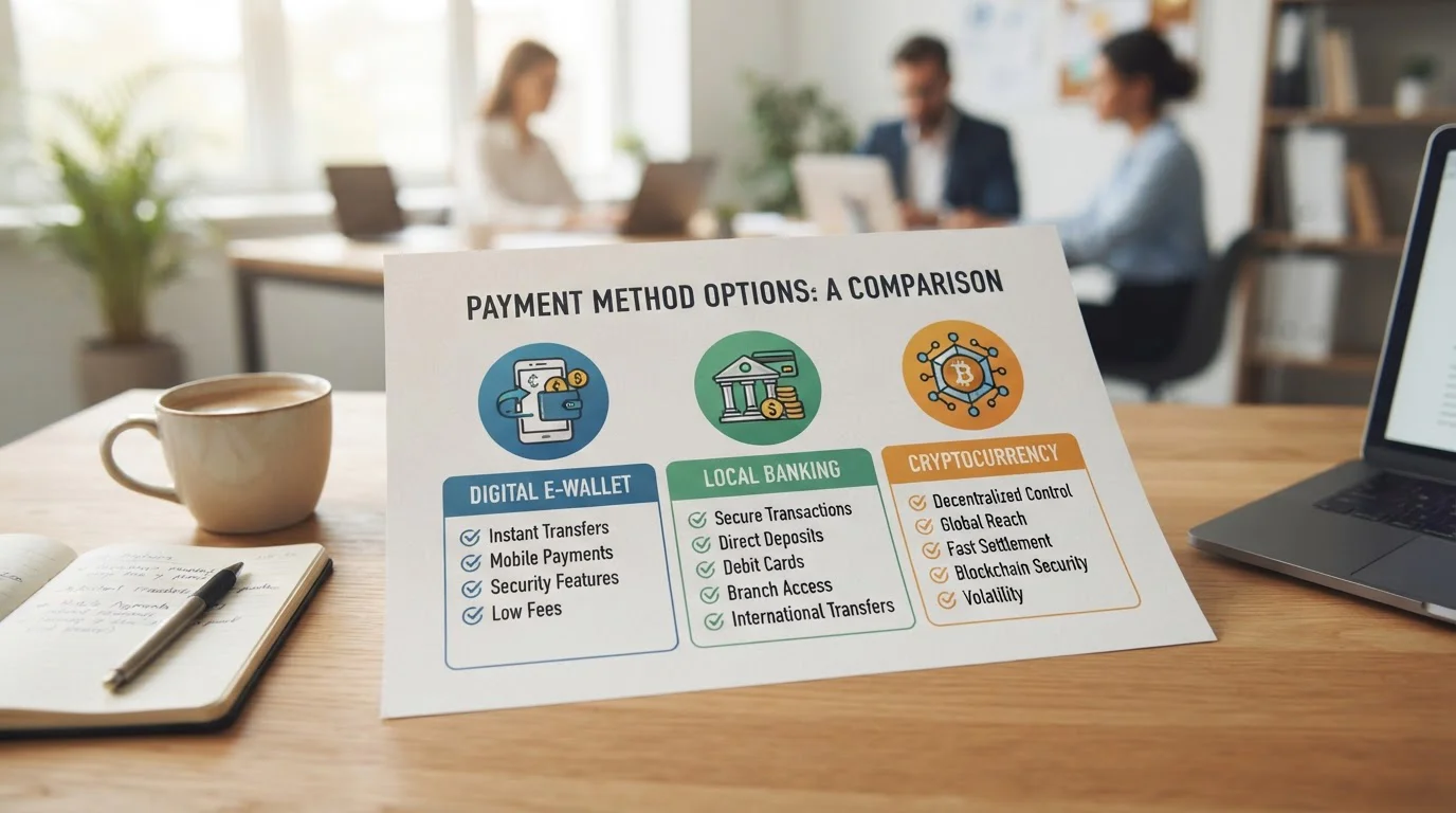 Side-by-side comparison of payment methods including Skrill PayID and crypto