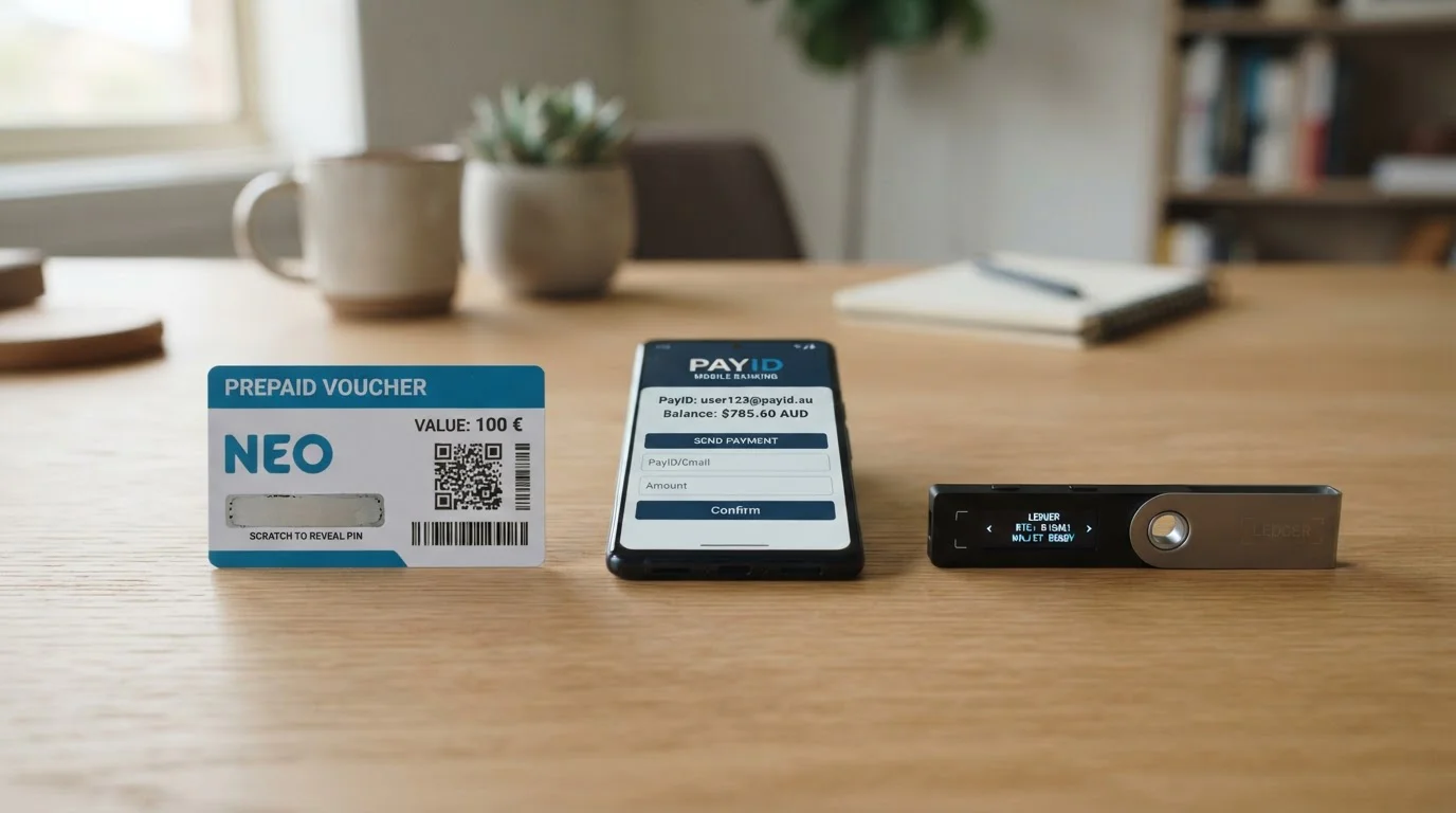 Neosurf voucher, PayID mobile banking interface, and cryptocurrency wallet displayed side by side