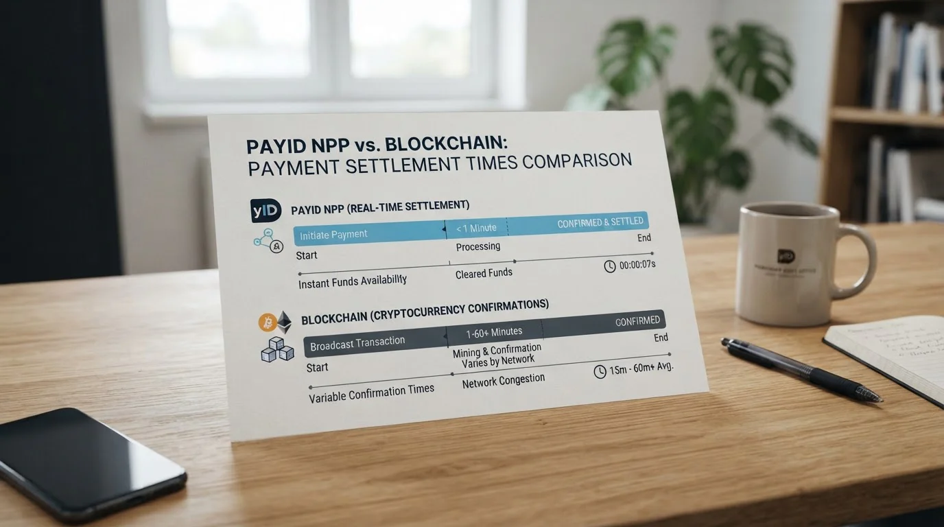 Clean comparison chart showing PayID NPP settlement versus cryptocurrency blockchain confirmation times