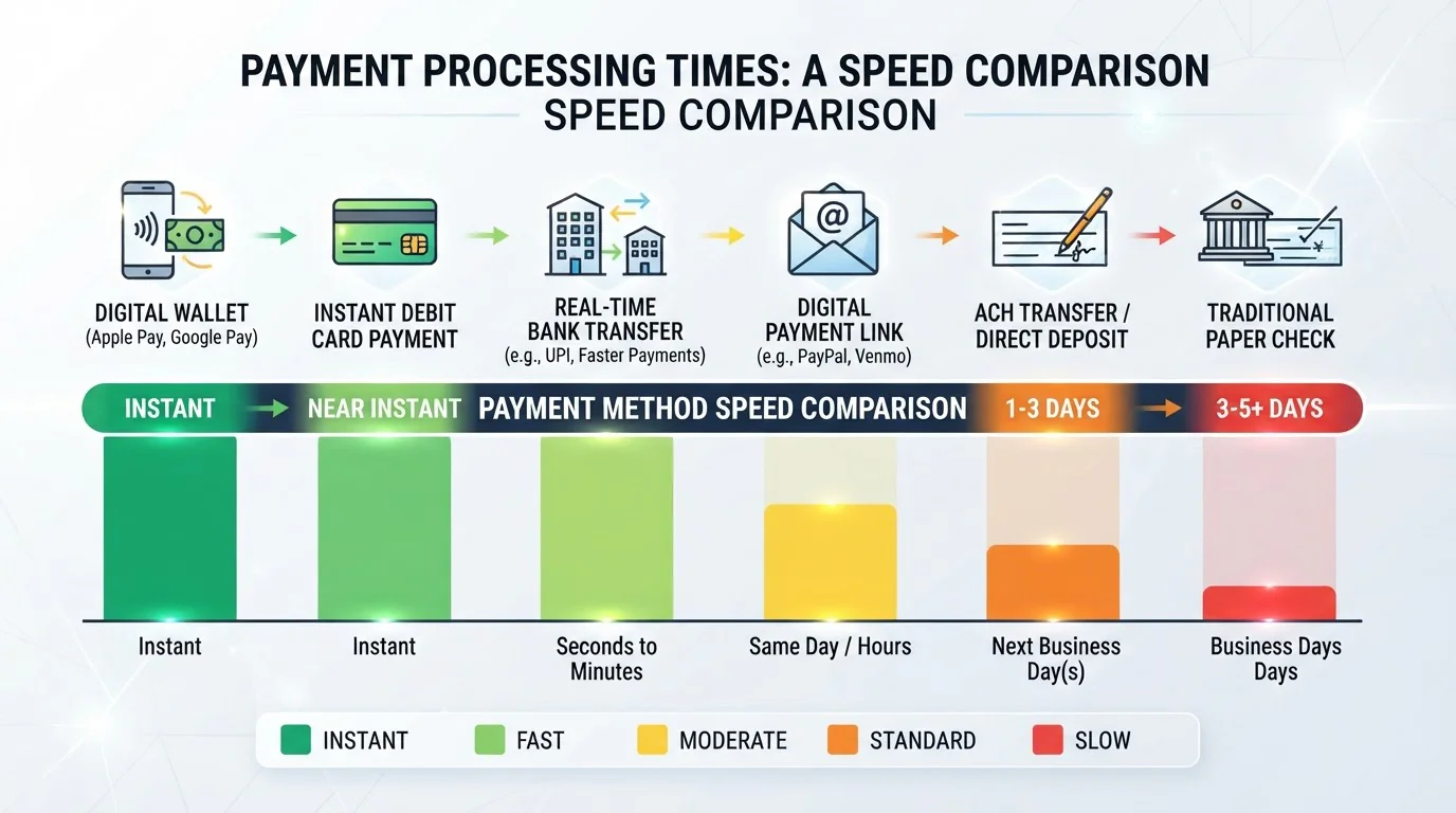 Infographic comparing payment method processing times from instant to several business days