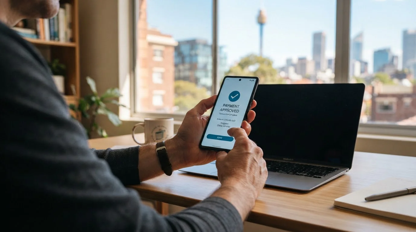 Hands holding smartphone showing PayPal deposit approval screen in Australia