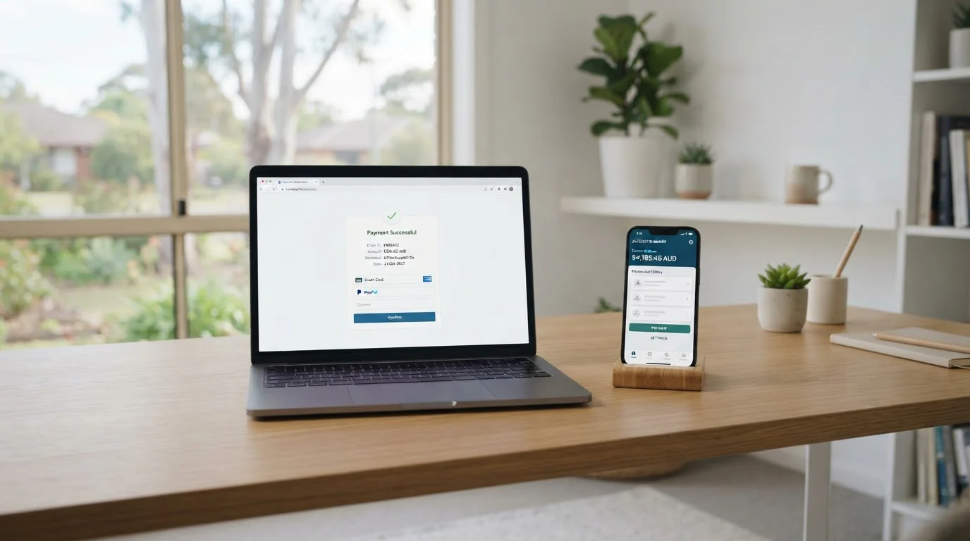 Smartphone and laptop showing PayPal and PayID payment comparison interfaces