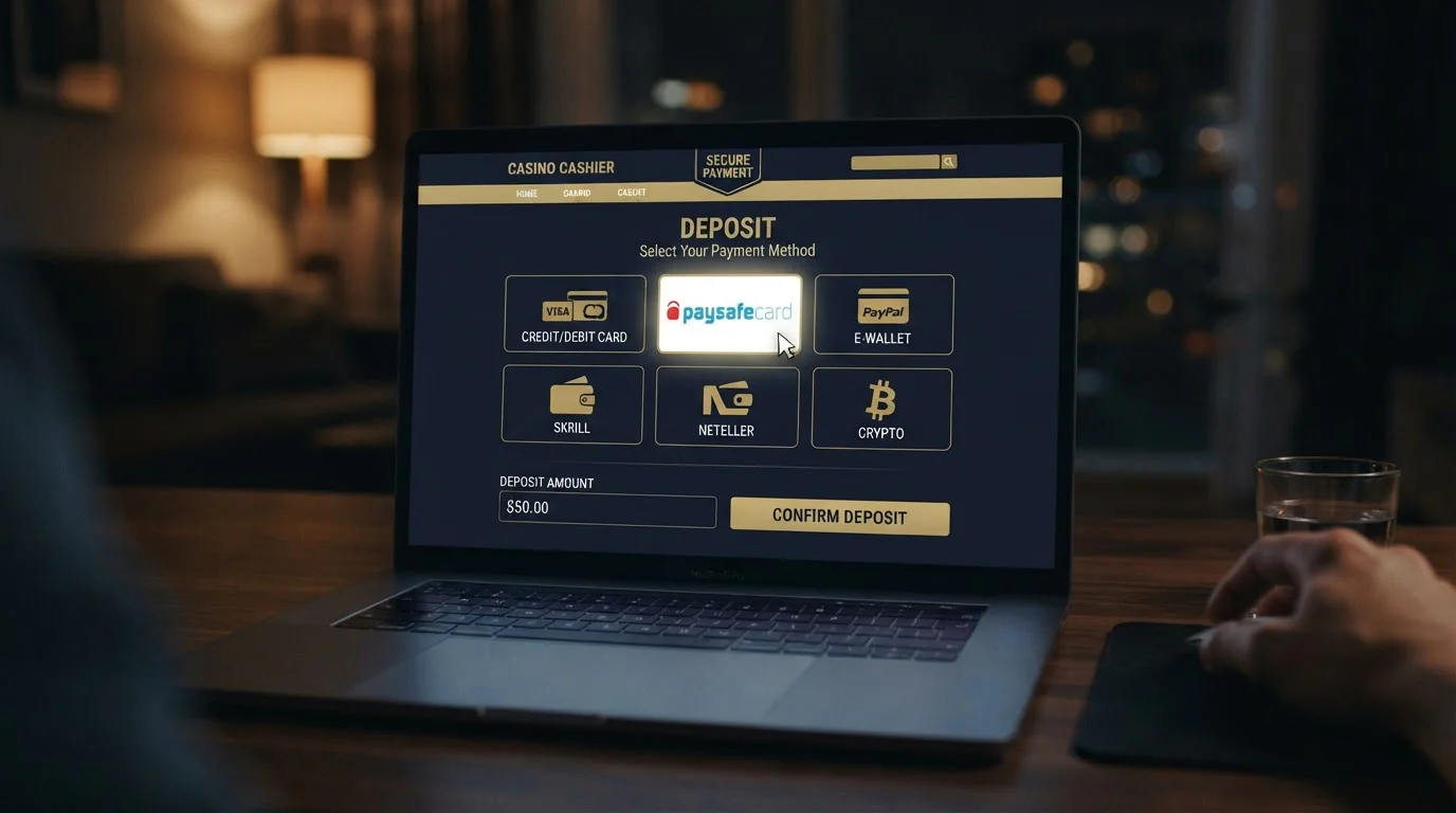 Step-by-step casino cashier interface showing Paysafecard payment option selection