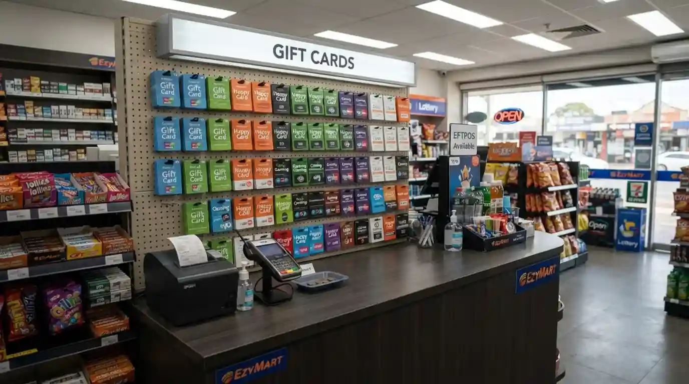7-Eleven convenience store counter with prepaid card display rack